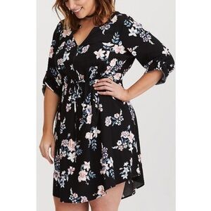 TORRID 4 Plus Size Challis Zip Front Drawstring Shirt Dress Black Floral 3/4 Slv